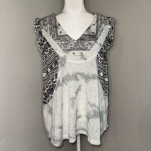 POL Tunic Top Womens Small Gray Black Boho Casual V-Neck Ruffle Sleeves Pullover